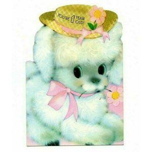 1st Happy Birthday VTG Girls Boys Baby Greeting Card Sweet Dog W/Flower Unused